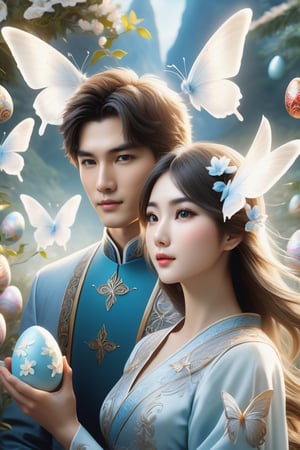 (Fidelity: 1.4), (Masterpiece, Best Quality: 1.5), Ultra High Resolution, Poster, Fantasy Art, Very Detailed Faces, 32K resolution, Chinese Style, a young romantic Taiwan couple close-up, Taiwan handsome boy and Taiwan pretty girl play with fantasy Easter bunnies and Easter Eggs in the fantasy eggland, best romance, short hair man, Quiet, Pale Blue outfits, Dark Brown Hair, white Ornament, White Ribbon, White Flower Bush, Light Blue Butterfly Flying, cinematic lighting effects, 