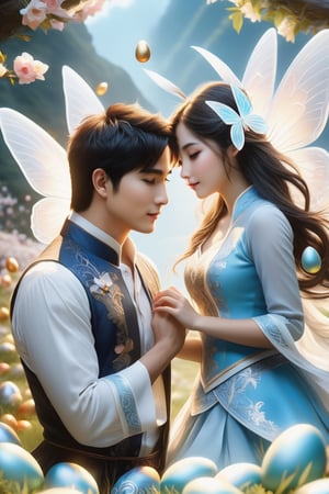 (Fidelity: 1.4), (Masterpiece, Best Quality: 1.5), Ultra High Resolution, Poster, Fantasy Art, Very Detailed Faces, 32K resolution, Chinese Style, a young romantic Taiwan couple close-up, Taiwan handsome boy and Taiwan pretty girl play with fantasy Easter bunnies and Easter Eggs in the fantasy eggland, best romance, Side Face, Quiet, Pale Blue outfits, Dark Brown Hair, white Ornament, White Ribbon, White Flower Bush, Light Blue Butterfly Flying, cinematic lighting effects, 