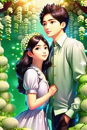 (Masterpiece, Best Quality: 1.5), intricate Paper Sculpture, 32K Magical Fantasy Romantic Clover Line Art, Alpacifista. 32K 3d digital painting. a shiny, milky skin, young, stunningly amazingly adorable big-eyes ((Taiwanese couple:2)), look like (sakimichan and makoto shinkai) style, 32K 3D fantasy digital painting of a young romantic Taiwanese couple close-up, full body, detailed face, look like (sakimichan and makoto shinkai) style, Taiwanese handsome boy and Taiwanese pretty girl have romantic kissing moment stand on Clover treehouse in clover treehouse-land, surrounded by unimaginable Clover clusters, 32K close-up