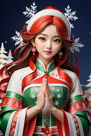 (Masterpiece, Best Quality: 1.5), Intricate paper sculpture, Christmas line art, 16K photo quality, a beautiful Christmas Taiwanese girl, whole body, 16K quality, (detailed beautifully face and fingers), (five fingers) each hand, mysterious, clean background