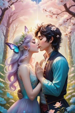 32K digital painting of 1boy-kiss-1girl by a soft anime-style nestled in a dreamscape, inspired by Nara Yoshitomo featuring pastel shades, whimsical creatures, interweaving Jeremiah Ketner's delicate flora and subtle surrealism, for a children's book illustration, gentle, ethereal, diffused natural light, intricate details, very high details, sharp background, mysticism, (Magic), 32K, 32K Quality close-up, (Beautifully Detailed Face and Fingers), (Five Fingers) Each Hand, creative glowing effect,