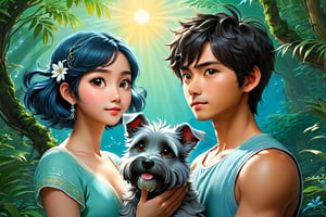 (Masterpiece, Best Quality: 1.5), 32K Magical Fantasy Romantic Line Art, Alpacifista. young, shiny, milky skin, a stunningly amazingly adorable big-eyes ((Taiwanese-teenage-couple)), who look like (sakimichan and makoto shinkai), 1boy and 1girl side by side, in a shimmering azure forest, a young Taiwanese teenage couple stroll hand in hand, accompanied by their beloved green schnauzer with head horns. The trio is bathed in the soft glow of the cerulean sky and the brilliant azure sun descending in the background. This dynamic and vivid image, likely a detailed painting, captures the couple's carefree spirit and the bond they share with their loyal canine companion. The rich hues and intricate details create a mesmerising scene that exudes tranquillity and harmony. intricate details, very high details, sharp background, mysticism, (Magic), 32K, 32K Quality close-up, (Beautifully Detailed Face and Fingers), (Five Fingers) Each Hand, creative glowing effect,DonM3lv3nM4g1cXL,stworki,dragon,DonMB4nsh33XL ,potma style