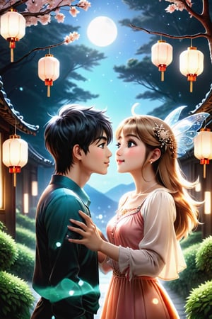 (Masterpiece, Best Quality: 1.5), Alpacifista. beautiful gemstones, shiny, milky skin, one pair of stunningly adorable Taiwanese teen couple with smiles (a big-eyes pretty cute Taiwanese girl kissing a handsome Taiwanese teen boy), 16K image quality, a handsome Taiwanese teen-boy standing next to a beautiful Taiwanese teen-girl, sakimichan and makoto shinkai, (((yoshinari yoh))), 16K, ​​swarovski Peach Moonstone, Peach Moonstone ​​gemstone, Moonstone lanterns with diamond decorated, white diamond decorated glowing-luminous-flowering tiny lanterns in background, full of magic Peach Moonstones, moonlight filter, intricate details, very high details, sharp background, mysticism, Peach Moonstone romantic Moonlight Fairy Tale, Magic, 16K Quality, (Beautifully Detailed Face and Fingers), (Five Fingers) Each Hand, glowing effects,ral-chrcrts