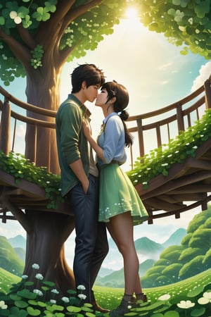 32K 3D fantasy digital painting of a young romantic Taiwanese couple close-up, full body, detailed face,  look like (sakimichan and makoto shinkai) style, Taiwanese handsome boy and Taiwanese pretty girl have romantic kissing moment stand on Clover treehouse in clover treehouse-land, surrounded by unimaginable Clover clusters, 32K close-up