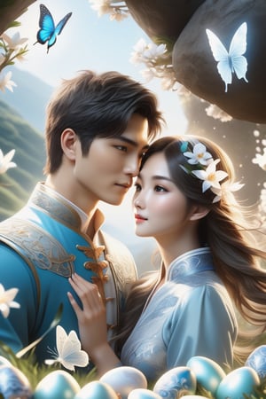 (Fidelity: 1.4), (Masterpiece, Best Quality: 1.5), Ultra High Resolution, Poster, Fantasy Art, Very Detailed Faces, 32K resolution, Chinese Style, a young romantic Taiwan couple close-up, Taiwan handsome boy and Taiwan pretty girl play with fantasy Easter bunnies and Easter Eggs in the fantasy eggland, best romance, short hair man, Quiet, Pale Blue outfits, Dark Brown Hair, white Ornament, White Ribbon, White Flower Bush, Light Blue Butterfly Flying, cinematic lighting effects, 