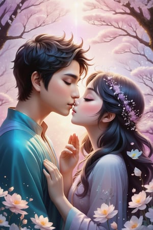 32K digital painting of 1boy-kiss-1girl by a soft anime-style nestled in a dreamscape, inspired by Nara Yoshitomo featuring pastel shades, whimsical creatures, interweaving Jeremiah Ketner's delicate flora and subtle surrealism, for a children's book illustration, gentle, ethereal, diffused natural light, intricate details, very high details, sharp background, mysticism, (Magic), 32K, 32K Quality close-up, (Beautifully Detailed Face and Fingers), (Five Fingers) Each Hand, creative glowing effect,