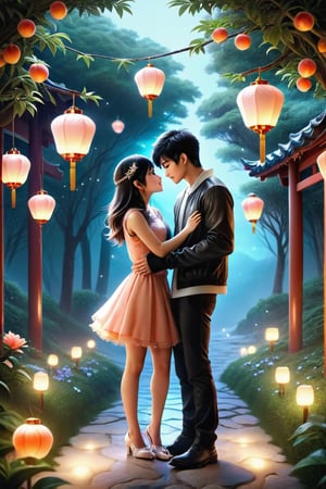 (Masterpiece, Best Quality: 1.5), Alpacifista. beautiful gemstones, shiny, milky skin, one pair of stunningly adorable Taiwanese teen couple with smiles (a big-eyes pretty cute Taiwanese girl kissing a handsome Taiwanese teen boy), 16K image quality, a handsome Taiwanese teen-boy standing next to a beautiful Taiwanese teen-girl, sakimichan and makoto shinkai, (((yoshinari yoh))), 16K, ​​swarovski Peach Moonstone, Peach Moonstone ​​gemstone, Moonstone lanterns with diamond decorated, white diamond decorated glowing-luminous-flowering tiny lanterns in background, full of magic Peach Moonstones, moonlight filter, intricate details, very high details, sharp background, mysticism, Peach Moonstone romantic Moonlight Fairy Tale, Magic, 16K Quality, (Beautifully Detailed Face and Fingers), (Five Fingers) Each Hand, glowing effects,ral-chrcrts