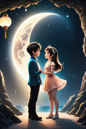 (Masterpiece, Best Quality: 1.5), Alpacifista. beautiful gemstones, shiny, milky skin, one pair of stunningly adorable Taiwanese teen couple with smiles (a big-eyes pretty cute Taiwanese girl kissing a handsome Taiwanese teen boy), 16K image quality, a handsome Taiwanese teen-boy standing next to a beautiful Taiwanese teen-girl, sakimichan and makoto shinkai, (((yoshinari yoh))), 16K, ​​swarovski Peach Moonstone, Peach Moonstone ​​gemstone, Moonstone lanterns with diamond decorated, white diamond decorated glowing-luminous-flowering tiny lanterns in background, full of magic Peach Moonstones, moonlight filter, intricate details, very high details, sharp background, mysticism, Peach Moonstone romantic Moonlight Fairy Tale, Magic, 16K Quality, (Beautifully Detailed Face and Fingers), (Five Fingers) Each Hand, glowing effects,ral-chrcrts,moonster