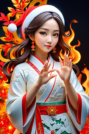 (Masterpiece, Best Quality: 1.5), Intricate paper sculpture, Christmas line art, 16K photo quality, a beautiful Christmas Taiwanese girl, whole body, 16K quality, (detailed beautifully face and fingers), (five fingers) each hand, mysterious, clean background,ral-chrcrts,fire element