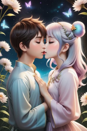 32K digital painting of 1boy-kiss-1girl by a soft anime-style nestled in a dreamscape, inspired by Nara Yoshitomo featuring pastel shades, whimsical creatures, interweaving Jeremiah Ketner's delicate flora and subtle surrealism, for a children's book illustration, gentle, ethereal, diffused natural light, intricate details, very high details, sharp background, mysticism, (Magic), 32K, 32K Quality close-up, (Beautifully Detailed Face and Fingers), (Five Fingers) Each Hand, creative glowing effect,aki