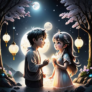 (Masterpiece, Best Quality: 1.5), Alpacifista. beautiful gemstones, shiny, milky skin, one pair of stunningly adorable Taiwanese teen couple with smiles (a big-eyes pretty cute Taiwanese girl kissing a handsome Taiwanese teen boy), 16K image quality, a handsome Taiwanese teen-boy standing next to a beautiful Taiwanese teen-girl, sakimichan and makoto shinkai, (((yoshinari yoh))), 16K, ​​swarovski Peach Moonstone, Peach Moonstone ​​gemstone, Moonstone lanterns with diamond decorated, white diamond decorated glowing-luminous-flowering tiny lanterns in background, full of magic Peach Moonstones, moonlight filter, intricate details, very high details, sharp background, mysticism, Peach Moonstone romantic Moonlight Fairy Tale, Magic, 16K Quality, (Beautifully Detailed Face and Fingers), (Five Fingers) Each Hand, glowing effects,ral-chrcrts,moonster