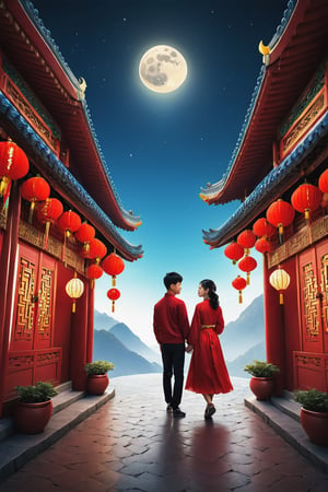 Beautiful, amazing, unique scenery of the Lunar New Year, the most stunning scene of Chinese New Year with a adorable Taiwanese teen couple, moonster
