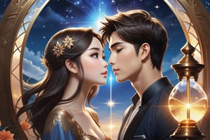 (Fidelity: 1.0), (masterpiece:1.5), (best quality:1.5), (ultra-detailed:1.5), (32K resolution:1.5), (close-up:1.2), 32K magical romantic Taiwanese comic art style, young cute romantic Taiwanese heterosexual close-up, full body, big eyes, detailed face and fingers, short-haired Taiwanese handsome boy and his beautiful Taiwanese girlfriend kiss next to a extremely (giant fantasy hourglass), best starlight romance, blue-dark orange gradient filter, exquisite quality, 32K, 32K high quality, intricate lighting, luminism, very high details, sharp background, mysticism, (Magic), 32K, 32K (close-up), 32K (Beautifully Detailed Face and Fingers), (Five Fingers), cinematic glowing light effects,DonMSn0wM4g1cXL,DonMC1rcu17Pl4nXL