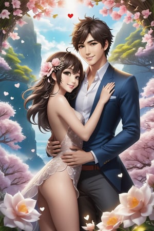 32K Magical Fantasy Sweet Valentine Line Art, Alpacifista. In this breathtaking image, a stunningly adorable sexy Taiwanese smiling teenage couple, who look like (sakimichan and makoto shinkai), in the most romantic sexy scenes ever, sexy couple, half-naked with flowers covered, intricate detail, very high detail, sharp background, mysticism, (magic), 32k, 32K quality, (beautifully detailed face and fingers), (five fingers) on each hand, creative fantasy glow effect,
