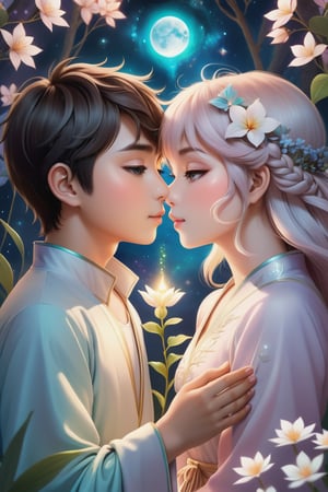 32K digital painting of 1boy-kiss-1girl by a soft anime-style nestled in a dreamscape, inspired by Nara Yoshitomo featuring pastel shades, whimsical creatures, interweaving Jeremiah Ketner's delicate flora and subtle surrealism, for a children's book illustration, gentle, ethereal, diffused natural light, intricate details, very high details, sharp background, mysticism, (Magic), 32K, 32K Quality close-up, (Beautifully Detailed Face and Fingers), (Five Fingers) Each Hand, creative glowing effect,aki
