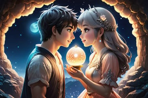 (Masterpiece, Best Quality: 1.5), Alpacifista. beautiful gemstones, shiny, milky skin, one pair of stunningly adorable Taiwanese teen couple with smiles (a big-eyes pretty cute Taiwanese girl kissing a handsome Taiwanese teen boy), 16K image quality, a handsome Taiwanese teen-boy standing next to a beautiful Taiwanese teen-girl, sakimichan and makoto shinkai, (((yoshinari yoh))), 16K, ​​swarovski Peach Moonstone, Peach Moonstone ​​gemstone, Moonstone lanterns with diamond decorated, white diamond decorated glowing-luminous-flowering tiny lanterns in background, full of magic Peach Moonstones, moonlight filter, intricate details, very high details, sharp background, mysticism, Peach Moonstone romantic Moonlight Fairy Tale, Magic, 16K Quality, (Beautifully Detailed Face and Fingers), (Five Fingers) Each Hand, glowing effects,ral-chrcrts,moonster