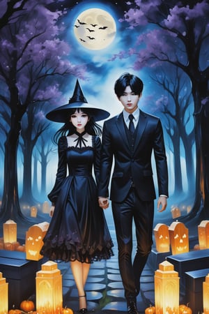 (Fidelity: 1.0), (Masterpiece, Best Quality: 1.5), Create a 32K 3D fantasy alcohol ink art of an aesthetic gothic Taiwanese manga scene. It's a spooky night during Ghost Month: a close-up of a young, adorable Taiwanese couple in a park. Suddenly, thousands of coffins appear without a sign, surrounding the couple in the eerie darkness. The background and atmosphere should echo the emotional intensity and swirling, chaotic elements reminiscent of "The Scream" by Edvard Munch. Ensure exquisite quality and a haunting, yet beautiful, blend of both styles
