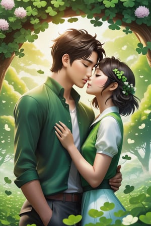 32K 3D fantasy digital painting of a young romantic Taiwanese couple close-up, full body, detailed face,  look like (sakimichan and makoto shinkai) style, Taiwanese handsome boy and Taiwanese pretty girl have romantic kissing moment stand on Clover treehouse in clover lakeland, surrounded by unimaginable Clover clusters, 32K close-up