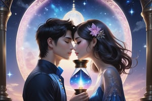 (Fidelity: 1.0), (masterpiece:1.5), (best quality:1.5), (ultra-detailed:1.5), (32K resolution:1.5), (close-up:1.2), 32K magical romantic Taiwanese comic art style, young cute romantic Taiwanese heterosexual close-up, full body, big eyes, detailed face and fingers, short-haired Taiwanese handsome boy and his beautiful Taiwanese girlfriend kiss next to a extremely (giant fantasy hourglass), best starlight romance, blue-pink gradient filter, exquisite quality, 32K, 32K high quality, intricate lighting, luminism, very high details, sharp background, mysticism, (Magic), 32K, 32K (close-up), 32K (Beautifully Detailed Face and Fingers), (Five Fingers), cinematic glowing light effects,DonMSn0wM4g1cXL,DonMC1rcu17Pl4nXL,DonMSt34mPXL,DonMD4rkT00nXL ,DonMM1y4XL