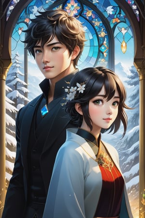 (Masterpiece, Best Quality: 1.5), 32K mail art, , Alpacifista.fantasy, fairytale, detailed splatter ink, dynamic poster, comic style art, black colours, young, shiny, milky skin, a stunningly amazingly adorable big-eyes ((Taiwanese teenage couple)), in (sakimichan and makoto shinkai) style, 1boy and 1girl side by side, perfect handsome-beauty, best romance, winter time, holiday, detail face, perfect haired, gradation colour hair, anime, mysterious background: small cabin terrace, winter, smile expression, dynamic pose, light on face, shadow play, perfect face, sharp glowing perfect eyes, by James Jean, Craola, Andy Kehoe, Dorian Vallejo, Damian Lechoszest, Todd Lockwood, patchwork, stained glass, storybook illustration, highly detailed unusual beautiful details,  tiny details masterpiece, intricate details, very high details, sharp background, mysticism, (Magic), 32K, 32K Quality close-up, (Beautifully Detailed Face and Fingers), (Five Fingers) Each Hand, creative glowing effect, aki
,shards