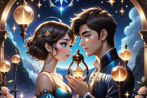 (Fidelity: 1.0), (masterpiece:1.5), (best quality:1.5), (ultra-detailed:1.5), (32K resolution:1.5), (close-up:1.2), 32K magical romantic Taiwanese comic art style, young cute romantic Taiwanese heterosexual close-up, full body, big eyes, detailed face and fingers, short-haired Taiwanese handsome boy and his beautiful Taiwanese girlfriend kiss next to a extremely (giant fantasy hourglass), best starlight romance, blue-dark orange gradient filter, exquisite quality, 32K, 32K high quality, intricate lighting, luminism, very high details, sharp background, mysticism, (Magic), 32K, 32K (close-up), 32K (Beautifully Detailed Face and Fingers), (Five Fingers), cinematic glowing light effects,DonMSn0wM4g1cXL,DonMC1rcu17Pl4nXL,DonMSt34mPXL,DonMD4rkT00nXL 