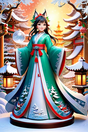 (Masterpiece, Best Quality: 1.5), Intricate paper sculpture, Christmas line art, 16K photo quality, a beautiful Christmas Taiwanese girl standing in a magic Christmas vally, 16K quality, (detailed beautifully face and fingers), (five fingers) each hand, clean background,3d figure,ral-chrcrts,kitsune