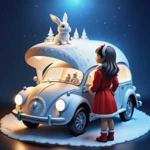 (Masterpiece, Best Quality: 1.5), Intricate paper sculpture, Christmas line art, a beautiful Christmas Taiwanese girl standing next to a future styled Christmas rabbit car, magic, 8K quality, (detailed beautifully face and fingers), (five fingers) each hand, 