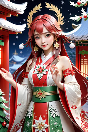 (Masterpiece, Best Quality: 1.5), Intricate paper sculpture, Christmas line art, 16K photo quality, a beautiful Christmas Taiwanese girl standing in a magic Christmas vally, 16K quality, (detailed beautifully face and fingers), (five fingers) each hand, mysterious, clean background,YeMkAF