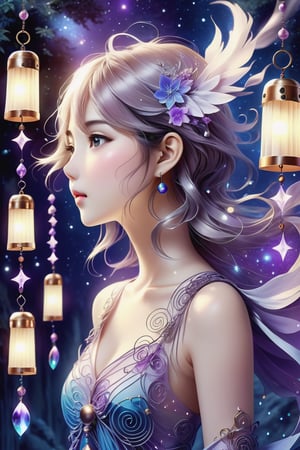 (Masterpiece, Best Quality: 1.5), Poser Art, 32K magical romantic (Taiwanese manga style:2), young cute romantic Taiwanese (hetero-couple close-up), full body, big eyes, detailed face and fingers, short-haired Taiwanese handsome young man and his beautiful Taiwanese girlfriend walk through wind chime cloister in a starry swirling whirlpool of bright lighting blue-purple gradient hues, (wind chimes:2), tiny wind chimes, best starlight romance, blue-purple gradient filter, exquisite quality, 32K, 32K high quality, intricate lighting, luminism, very high details, sharp background, mysticism, (Magic), 32K, 32K (close-up), 32K (Beautifully Detailed Face and Fingers), (Five Fingers), cinematic glowing light effects,DonMW15pXL