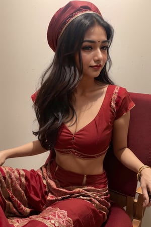 ((A beautiful Indian sexy teenage girl (19 year old) with medium black curley hair, brown eyes, at home , (((small breast, makeup:1.2))), (((wearing wearing red casual blouse , red lehenga, red chunri, ghunghat:1.5, natural boobs))), (perfect body:1.5), (pov_eye_contact, looking_at_viewer), (happy , sitting on chair, shy, closed mouth:1.5), z1l4, (upper body:1.5, body , medium waist , {thighs}, standing straight, facing viewer) 