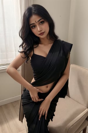 ((A beautiful Indian sexy teenage girl (19 year old) with medium black curley hair, brown eyes, at home , (((normal breast, makeup:1.2))), (((wearing black saree :1.5, natural boobs))), (perfect body:1.5), (pov_eye_contact, looking_at_viewer), (happy, selfie , sitting on chair,shy, closed mouth:1.5), z1l4, (upper body:1.5,  body , slim waist , {thighs}, standing straight, facing viewer) 