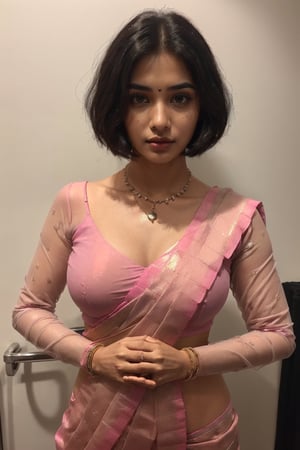 ((A beautiful Indian teenage girl (19 year old) with medium black curley hair, brown eyes, at home , ((( breast size (small), boobs size (small, natural), makeup))), (((wearing pink saree , wearing  necklace, wearing bangles on hands, (upper body covered), full upper body( full sleeves), bob hair cut:1.5, natural boobs))), (perfect body:1.5), (pov_eye_contact, looking_at_viewer), (scared,  close up photo,  looking at camera, z1l4, (upper body, medium waist , {thighs}, standing straight, facing viewer) 