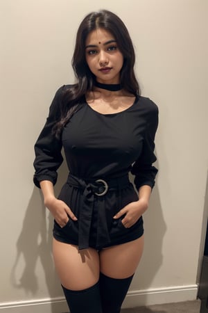 ((A beautiful Indian teenage girl (19 year old) with medium black curley hair, brown eyes, at home , (((small breast, small boobs, makeup))), ((( wearing black blouse full neck full upper body( covered, full sleeves):1.5, natural boobs))), (perfect body:1.5), (pov_eye_contact, looking_at_viewer), (happy, close photo (iPhone), hands on waist,  closed mouth, looking at camera, z1l4, (upper body, medium waist , {thighs}, standing straight, facing viewer) 