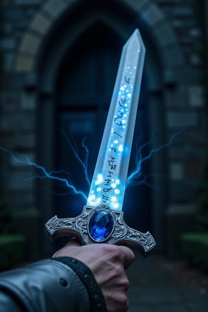 Close-up of a warrior’s hand gripping an ancient, enchanted sword. The blade glows faintly with a blue, mystical light, intricate runes etched along its edge, pulsing with power. The hilt adorned with a large, brilliant sapphire reflecting the light, casting a soft glow on the warrior's weathered fingers. In the background, a blurred, shadowy entrance of a foreboding castle. The atmosphere tense, with the air around the sword crackling with magical energy.