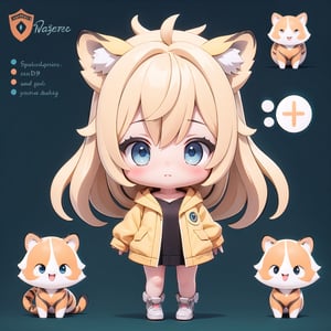 (masterpiece), 1girl, chibi, character sheet, blonde hair, blue eyes, long hair, tiger orange ears,chibi