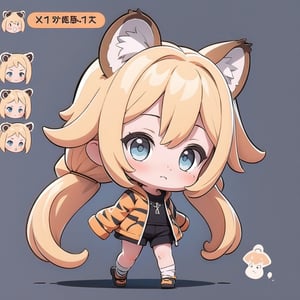 (masterpiece), 1girl, chibi, character sheet, blonde hair, blue eyes, long hair, tiger orange ears,chibi