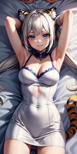 (masterpiece, best quality:1.5),,hestiadef,twintails,large breasts,white dress,white gloves,1girl, beige hair, blue eyes, long hair, tiger orange ear, solo,looking at viewer,(seductive smile:1.2),on back,on bed,bedroom,arms up,
