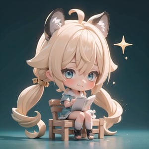 (masterpiece), 1girl, chibi, character sheet, blonde hair, blue eyes, long hair, tiger orange ears,chibi