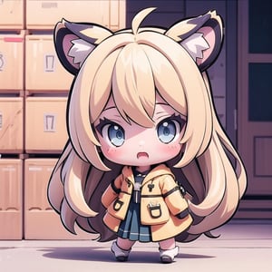 (masterpiece), 1girl, chibi, character sheet, blonde hair, blue eyes, long hair, tiger orange ears,chibi