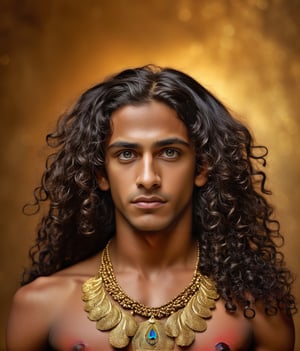 A beautiful boy with charcoal skin and beautiful, very long, black, curly hair falling down to his chest. Halo around the head. a peacock feather in her hair and gold ornaments. He lives in the spiritual world. Gold. Shallow depth of field. ultra quality, epic film, intricate details, HDR, beautiful shot, hyper-realistic, 64 megapixels, perfect composition, high contrast, cinematic, atmospheric, moody, warm light, fantasy art, very long wavy black hair. vignette, highly detailed, high budget, Bollywood movie, l3min, h4n3n, aesthetic portrait, IncrsClownMakeupMeme, high detail, realhands, color magic, handsome italian boy, saturated colors, color saturation, renaissance, r3al photo, paint dripping, abstact