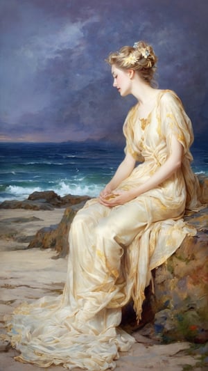 Stunningly beautiful goddess, full of grace and charm, hair tied in a long braid falling on her chest, beautiful shapely body, covered with a long dress (delicate sfumato, soft color transitions:2), pose of models, "color gradient from gold to navy blue", Painting inspired Bouguereau style, (intricate chiaroscuro, layered oil techniques, detailed drapery, masterful brush painting, realistic textures, classical motifs, dramatic light sources, deep play of shadows), a tempting snake snakes along her body (ethereal auras, harmonious composition, captivating portraits, serene landscapes, anatomical precision, delicate hand gestures, timeless beauty, humanistic expression, emotive poses, intricate backgrounds, symbolic elements), r3al photo, dripping paint, 3D style