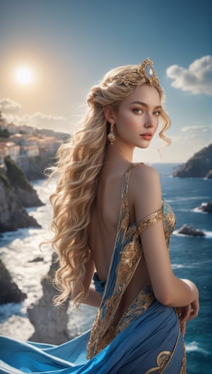 The entire figure of the exotic, stunningly beautiful Goddess Venus. Very long light curly hair ((golden hair)), gray blue eyes, flushed skin, with a subtle smile, delicate gold jewelry. In the background the sea, on some ancient Greek coasts, sunny and beautiful, with lots of details. realistic, stunningly realistic photography, soft sunlight, stunningly realistic photography, 3D rendering, octane rendering, intricately detailed, cinematic, popular on art station, isometric, centered hyperreal cover photo, amazing full color, hand-drawn, dark, rough, fly , klimt , erte 128k, high resolution, cinematic, neoprene, contest winner be a chance, portrait featured on unsplash, stylized digital graphics, smooth, ultra high resolution, currently state-of-the-art camera Fujifilm gfx 100s, 84k, Unreal Engine 5, ultra sharp sharpness, intricate graphic masterpiece, ominous, epic, TanvirTamim, popular on artstation, by artgerm, giger and beksinski, highly detailed, vivid,cyborg style