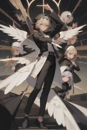 Little angel with 16 white wings, golden blonde hair with white tips, big bright violet eyes. Black jacket with white cross motifs, traditionally worn by Catholic nuns attached to a cross. He also wears a white hood with a metal headband. Black shirt with white hem that covers the neck. Cross motifs are also seen on the shirt. He appears to have the androgynous symbol without a couple of details on his hat. She also wears shoes that complement the colors of her outfit.ñ