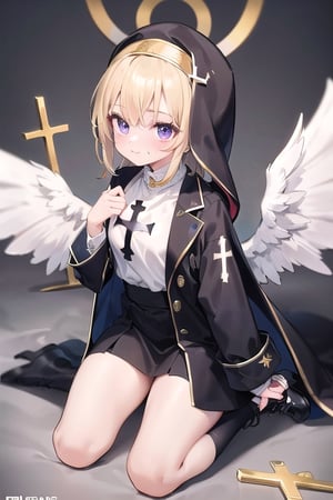 Little angel with big white wings with gold details, golden blonde hair and big purple eyes. Black jacket with white cross motifs, traditionally worn by Catholic nuns attached to a cross. He also wears a white hood with a metal headband. Black shirt with white hem that covers the neck. Cross motifs are also seen on the shirt. He appears to have the androgynous symbol without a couple of details on his hat. She also wears shoes that complement the colors of her outfit.