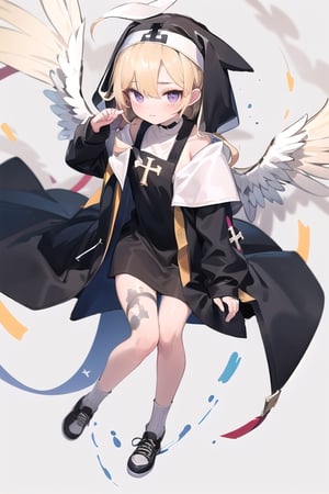 Little angel with 16 white wings, golden blonde hair with white tips and big bright violet eyes. Black jacket with white cross motifs, traditionally worn by Catholic nuns attached to a cross. He also wears a white hood with a metal headband. Black shirt with white hem that covers the neck. Cross motifs are also seen on the shirt. He appears to have the androgynous symbol without a couple of details on his hat. She also wears shoes that complement the colors of her outfit.ñ