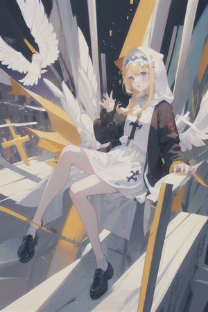 Little angel with 16 white wings, golden blonde hair with white tips, big bright violet eyes. Black jacket with white cross motifs, traditionally worn by Catholic nuns attached to a cross. He also wears a white hood with a metal headband. Black shirt with white hem that covers the neck. Cross motifs are also seen on the shirt. He appears to have the androgynous symbol without a couple of details on his hat. She also wears shoes that complement the colors of her outfit.ñ