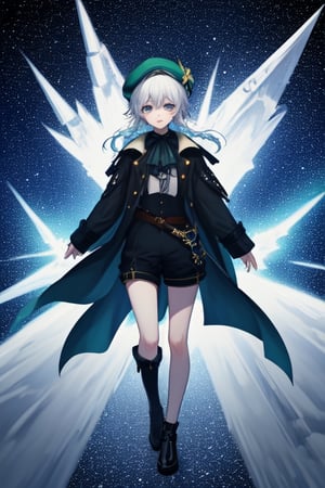 ventidef,White hair,eyes like a rainbow, beret,space-black trench coat, black shorts, black boots,,<lora:659111690174031528:1.0>