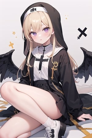 Little angel with 16 white wings, golden blonde hair with white tips, big bright violet eyes. Black jacket with white cross motifs, traditionally worn by Catholic nuns attached to a cross. He also wears a white hood with a metal headband. Black shirt with white hem that covers the neck. Cross motifs are also seen on the shirt. He appears to have the androgynous symbol without a couple of details on his hat. She also wears shoes that complement the colors of her outfit.ñ