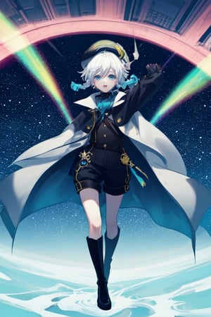 ventidef,White hair,eyes like a rainbow, beret,space-black trench coat, black shorts, black boots,,<lora:659111690174031528:1.0>