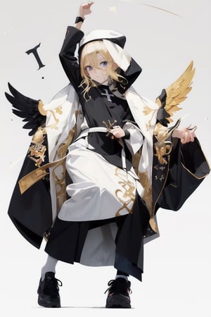 Little angel with golden blonde hair and big purple eyes. Black jacket with white cross motifs, traditionally worn by Catholic nuns tied with a bow. He also wears a white hood with a metal headband. Black shirt with white hem that covers the neck. Cross motifs are also seen on the shirt. He appears to have the androgynous symbol without a couple of details on his hat. She also wears shoes that complement the colors of her outfit.